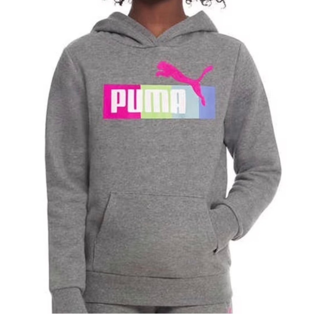 PUMA Hoodie Kids Size M 10/12 Gray Multi-Color Glitter Logo Pullover Preloved